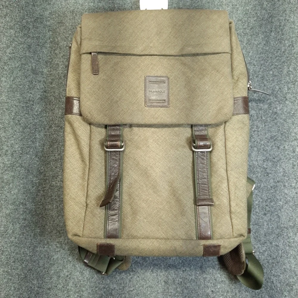Bean Pole Retro Canvas Shoulder Bag Backpack Green Cotton Leather Accents
